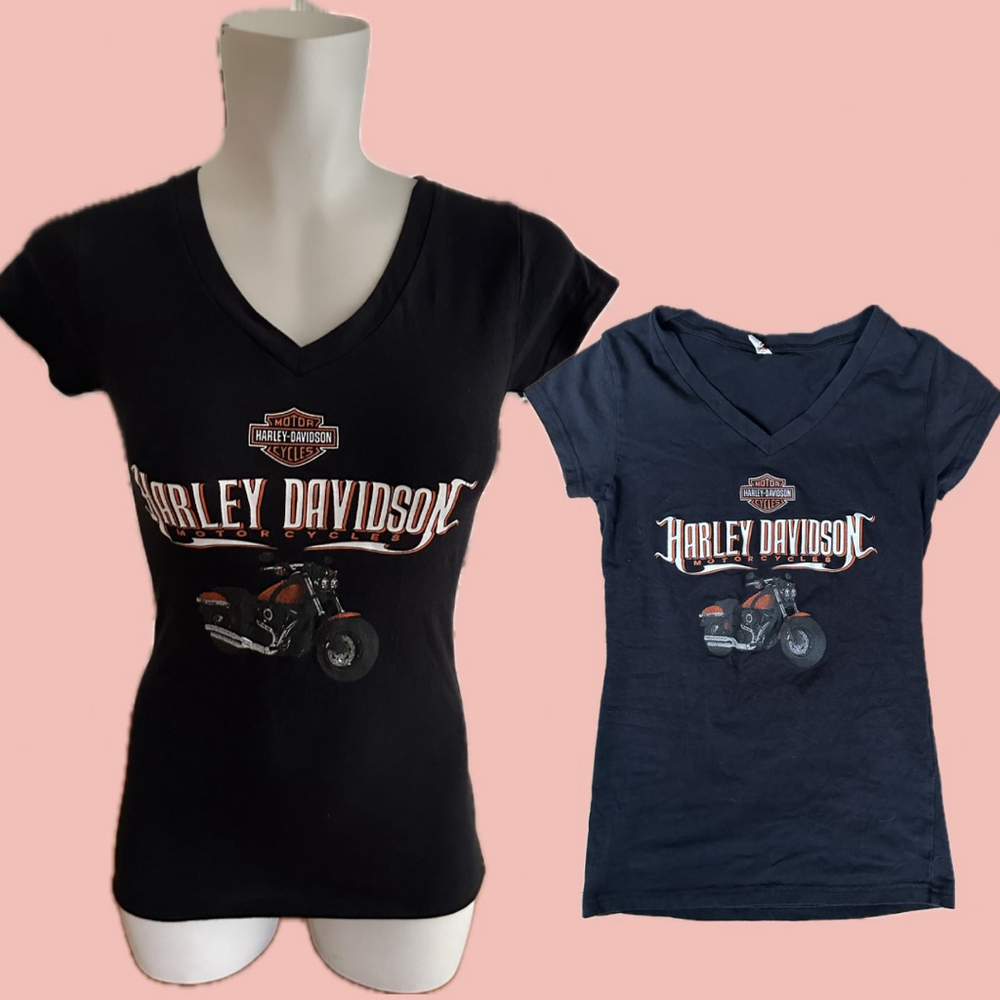 Harley Davidson Fitted V Neck Tee Black Biker Graphic – Size S